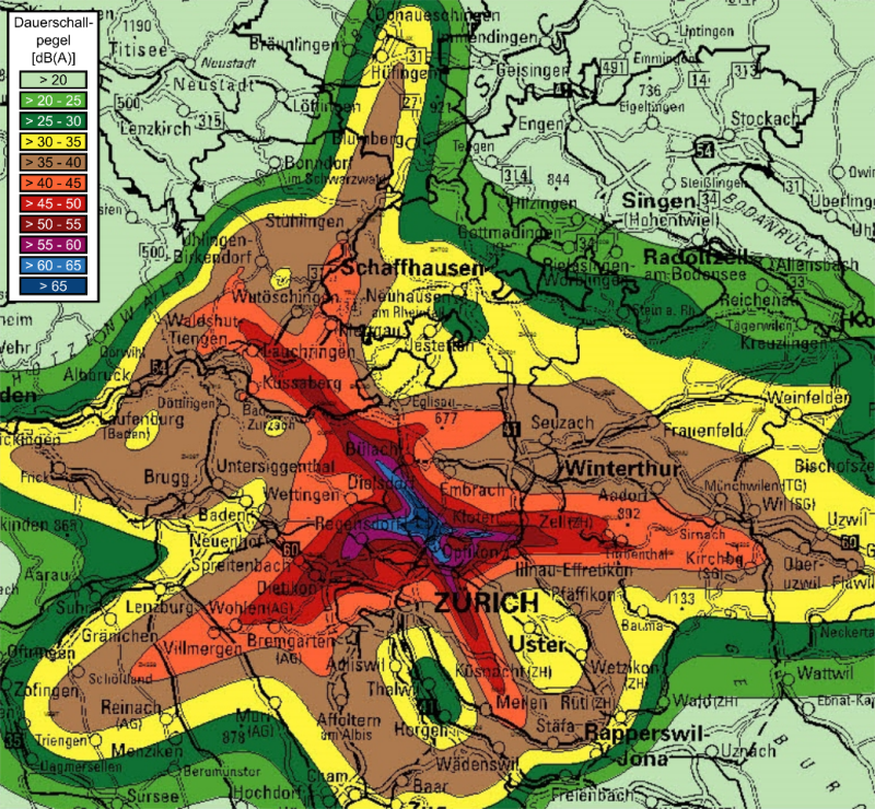 Noise contours (isolines) as a result of aircraft noise calculations at Zurich airport (© GfL mbH)